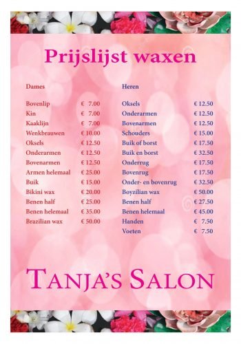 Prijslijst waxen A4 Prijslijst waxen A4